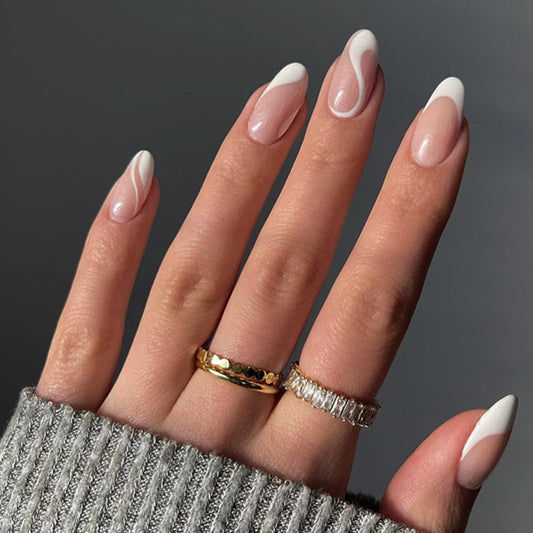 FJSMTOPl White French Tip Press on Nails Almond Fake Nails Medium False Nails Press ons with White French Designs Glue on Nails Acrylic Stick on Nail for Women Manicure 24Pcs