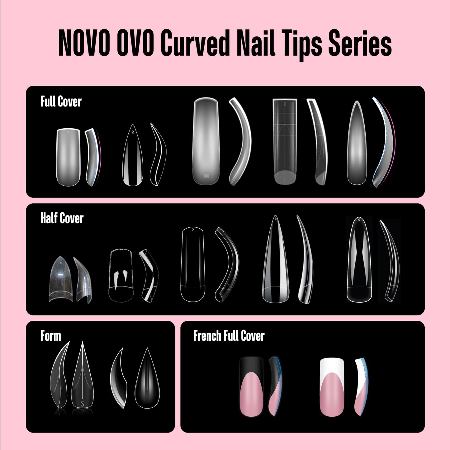 NOVO OVO Halloween XXL Curved Almond Stiletto Nail Tips Press on Full Cover, Soft Gel Extra Thick Long Acrylic Hawk Curve Fake Nails Extension Kit, Clear Pre-etched French False Nail 12 Sizes 300 Pcs