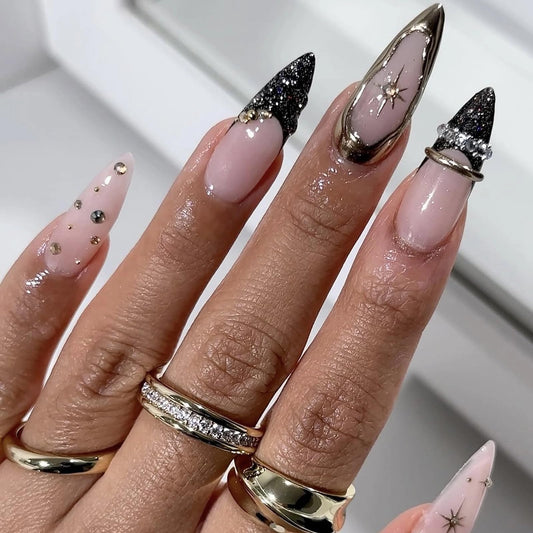 MISUD Press on Nails - Long Stiletto Fake Nails with Black French Tip, Acrylic Gold Chrome Star Design 24 pcs
