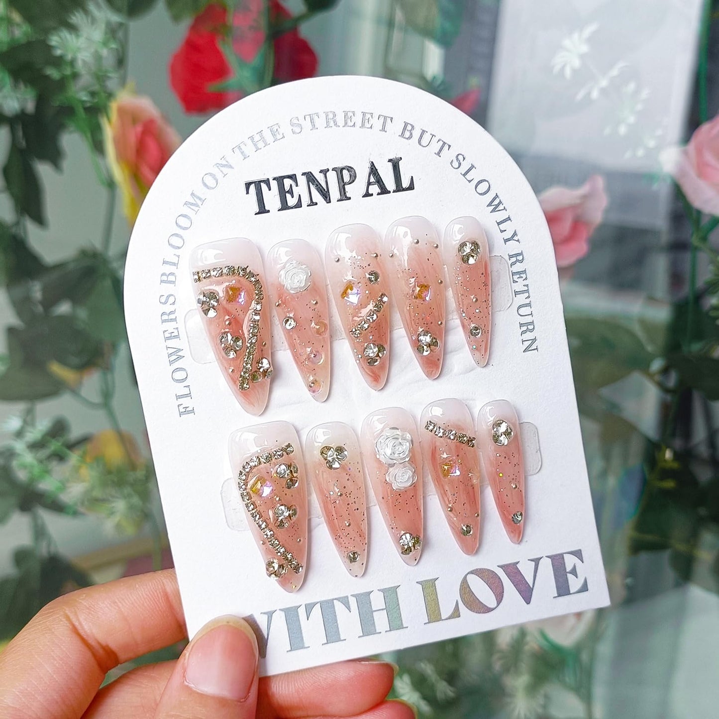 TENPAL Extra Long Stiletto Fake Nails with Coral Shimmer Base,3D Floral Chains Camellia Press on Nails Long Drop Shape,10pcs Versatile Soft Gel False Nails with Tools,Crystal Glitter Nails(XS,Orange)