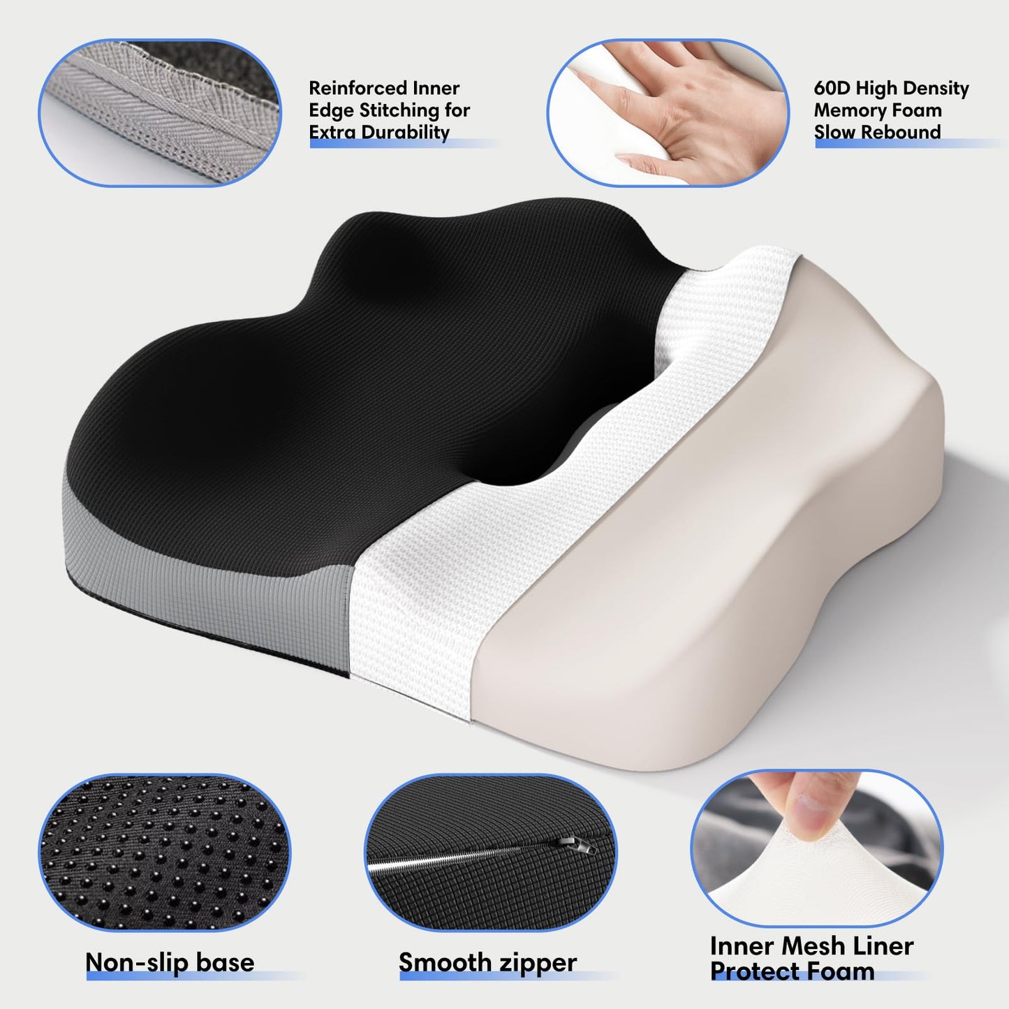 ModReve Memory Foam Seat Cushion for Office Chairs, Car Seat, Wheelchair, Desk Chair Pad - Extra Large Ergonomic Sciatica Coccyx & Tailbone Pain Relief Back Support Pillow for Long Sitting & Driving