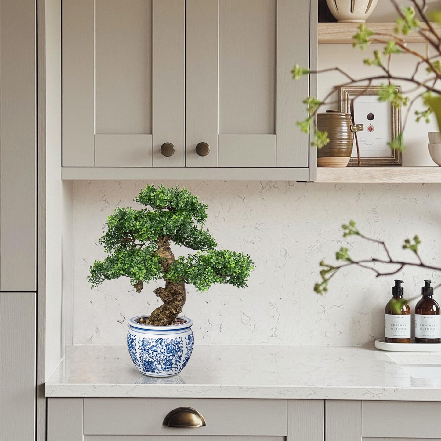 Fake Bonsai Tree Bonsai Plant 17” Tall Artificial Bonsai Trees with Blue and White Porcelain Decorated with Pebbles Desk Plant Indoor Bonsai for Home Office Decor