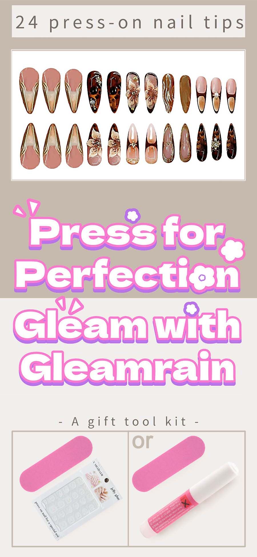 Gleamrain Stiletto Press on Nails Long Almond Brown False Nail with Flower and Swirl Designs 3d Fall Nails Press Ons for Women 24pcs