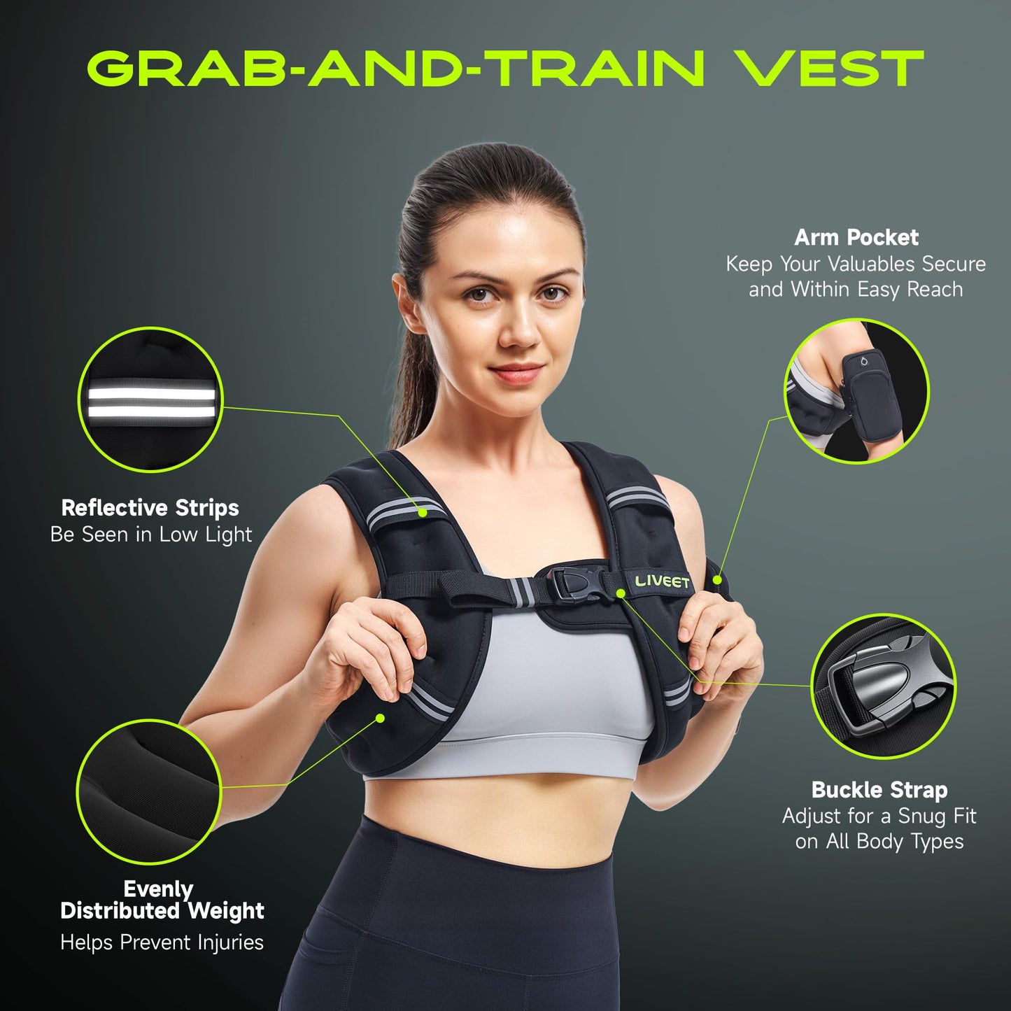 Liveet Weighted Vest, Weighted Vest for Women Men, 25lb Weight Vest with Pocket Reflective Strips Adjustable Buckle Straps SGS Certified Weight Vest for Walking Running Strength Training Cardio Workout