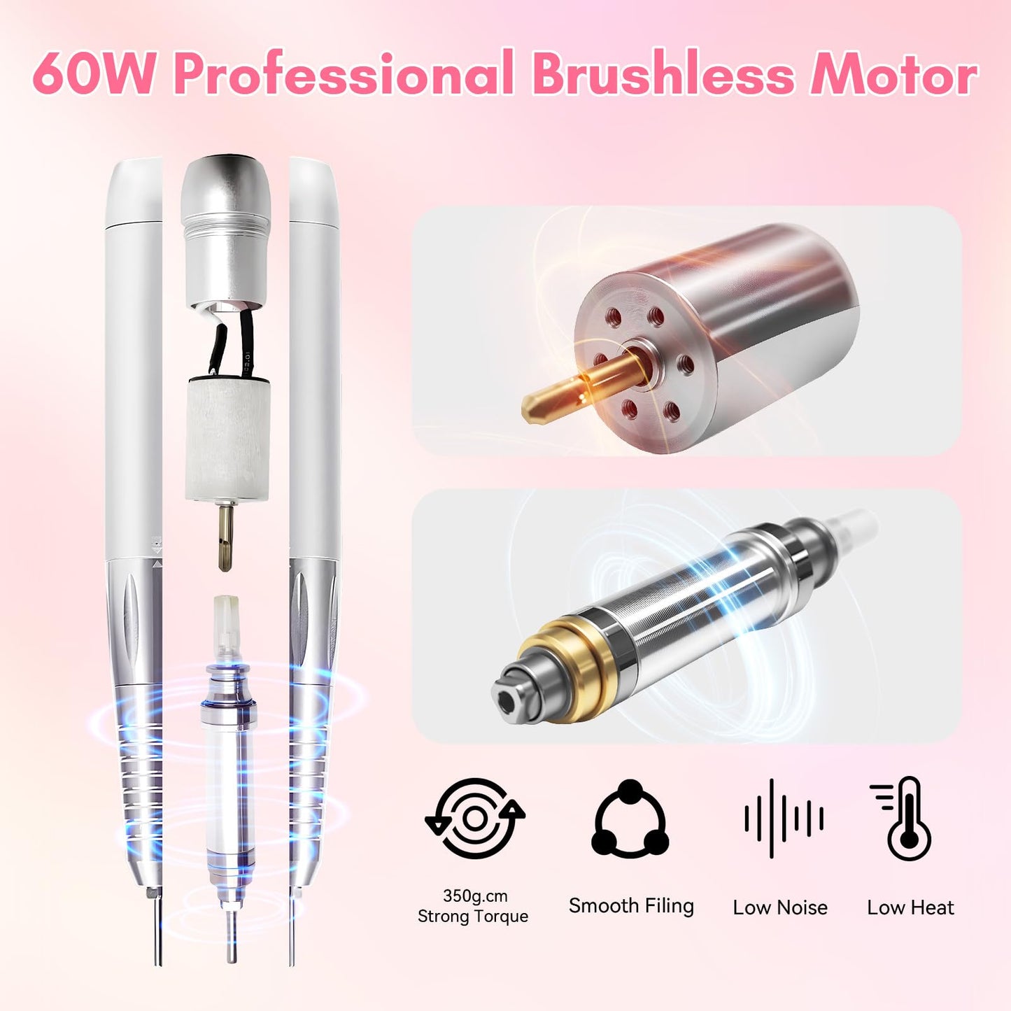 Makartt Nail Drill Professional, 35,000RPM Rechargeable Electric Nail File for Acrylic & Gel Removal, 60W Brushless Motor, 2-in-1 Desktop & Portable, LCD Display, for Home & Salon Use, Nouvella Pink