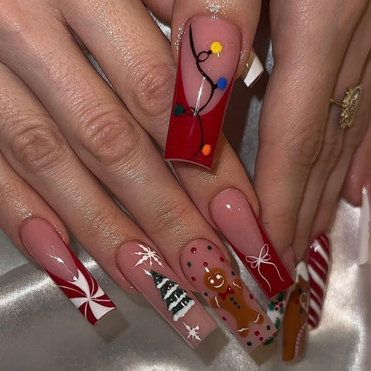 24PcsChristmas Press on Nail Long Square Red French Tip Fake Nails Holiday False Nails with Snowflake Christmas Tree Gingerbread Man Stripe Design Xmas Glue on Nails Full Cover Acrylic Nail for Women