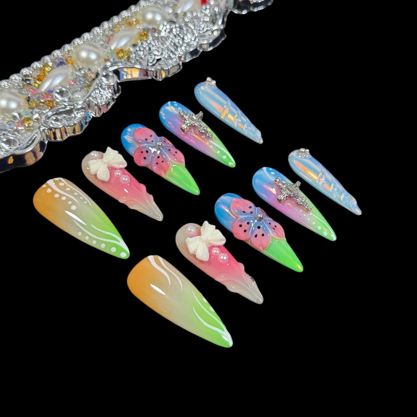Handmade Press On Nails, 3D Flower Bow Cross Design, Long Stiletto Shape, Pastel Gradient Acrylic Fake Nails Gift set for Women Rainbow (S)