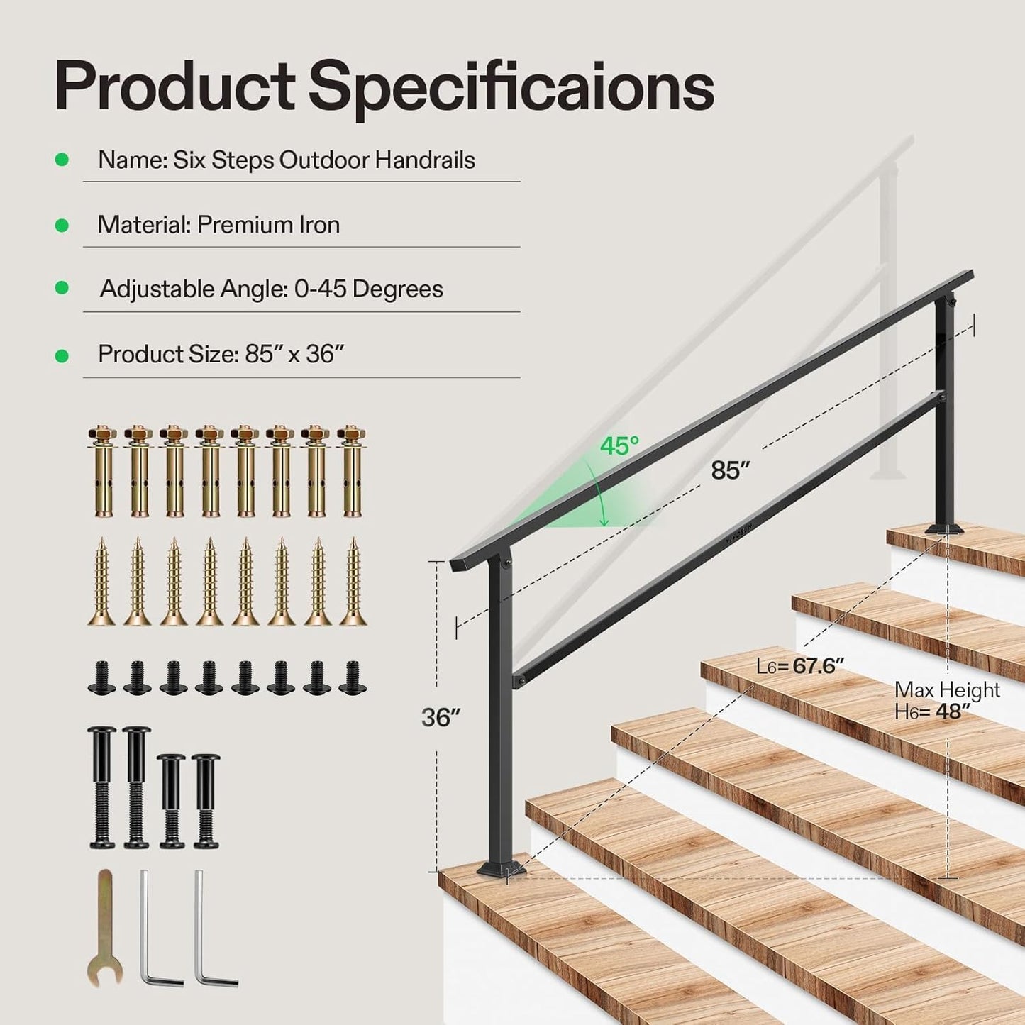 VIVOSUN Outdoor Handrail, 6-7 Step Stair Handrail, 83" x 36" Fits 1 to 7 Steps, Wrought Mattle Iron Handrail for Concrete Steps, Porch Steps, Black, HR-0004