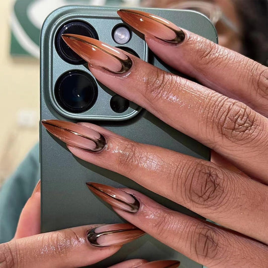 SINHOT Long Stiletto Press on Nails French Tip Almond Fake Nails Glossy Glue on Nails Brown Gradient Acrylic Nail Artificial Nail Black Line Stick on False Nail with Design 24 pcs
