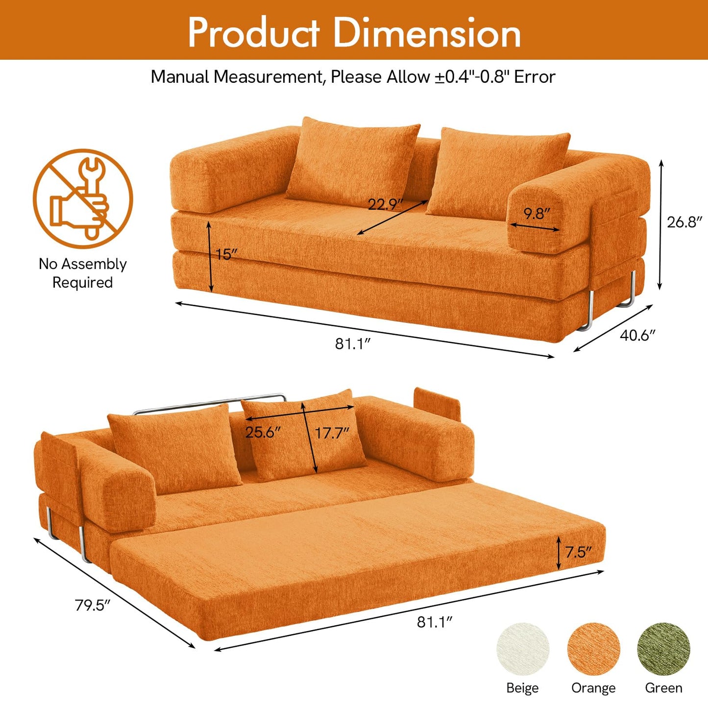 KozyNutria 81" Convertible Sofa Bed with Storage Pockets, 5-in-1 High Density Foam Boneless Couch, Corduroy Folding Futon Sleeper Sofa for Living Room Bedroom Apartment, No Assembly Required, Orange