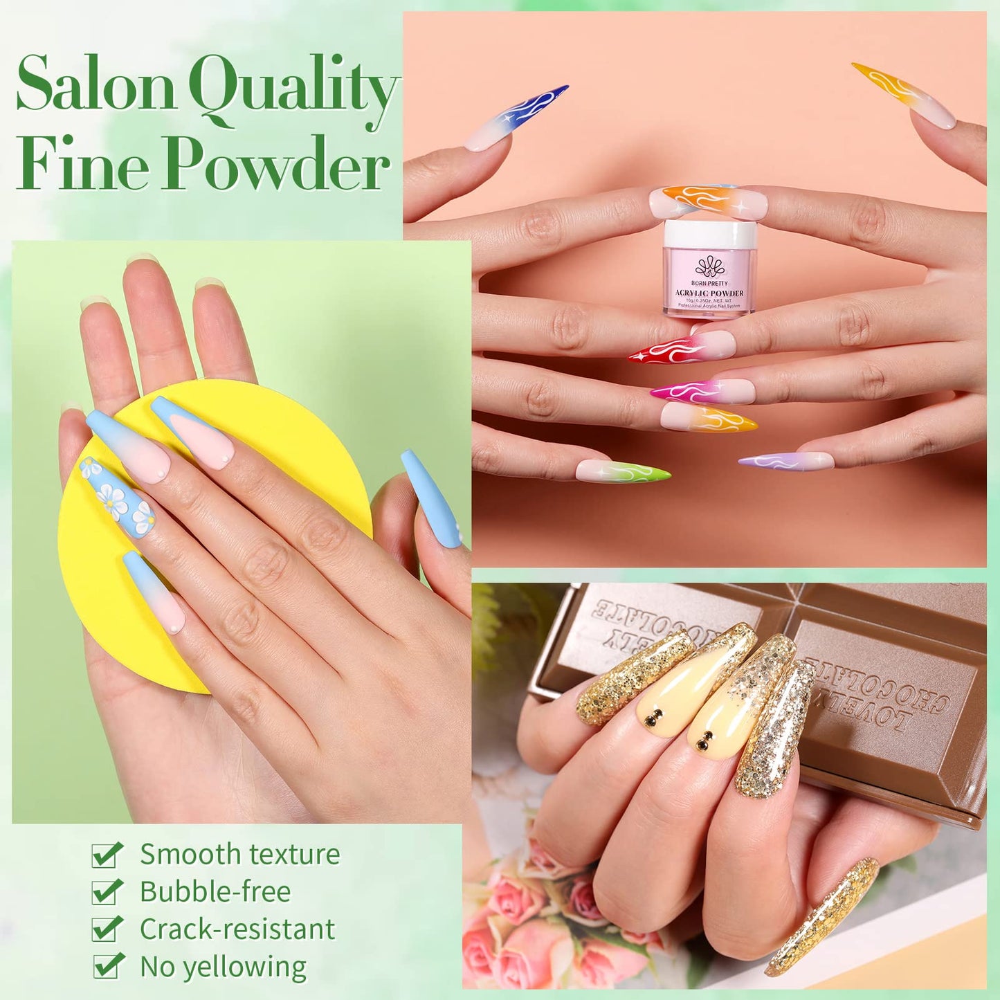 BORN PRETTY Acrylic Powder Set 36 Colors Acrylic Nail Powder Nude Pink Burgundy Red Green Blue White All Seasons Professional Polymer 3D Nail Art Kit for French Extension Carving Valentines Day Gift