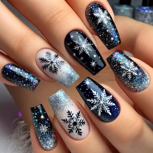 24 Pcs Christmas Press on Nails Medium Square Fake Nails Black Blue White Gradient Glitter Snowflake False Nails Full Cover Snowflake Stick on Nails Sparkly Acrylic for Women
