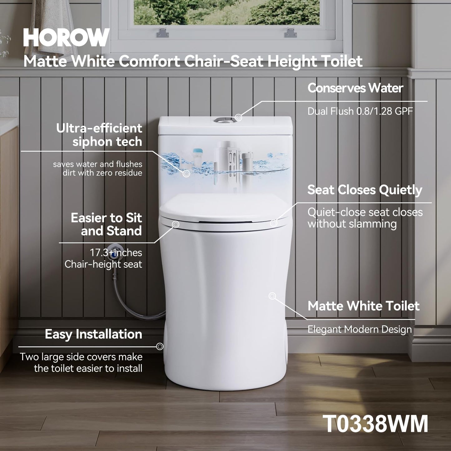 HOROW T0338WM Elongated One Piece Toilet Matte White, ADA Toilet 17.3" with Comfort Chair Height Seat, 0.8/1.28 GPF Powerful Dual Flush Toilet for Bathroom, 12" Rough-in Skirted Toilet Bowl