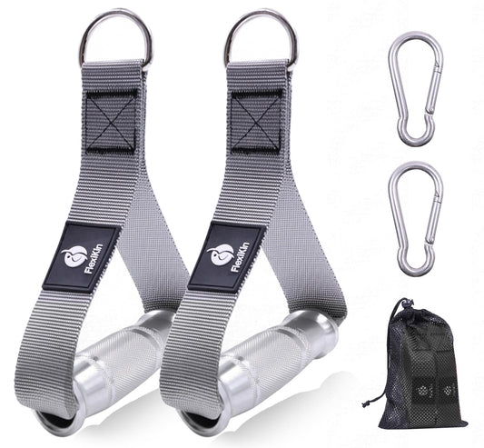 FLEXIKIN Premium Aluminum Alloy Gym Handles with Thickened Strap – Anti-Slip Grid Grip, Heavy-Duty Welded D-Ring for Cable Machine, Pulley System, and Strength Training Workouts (Gray)