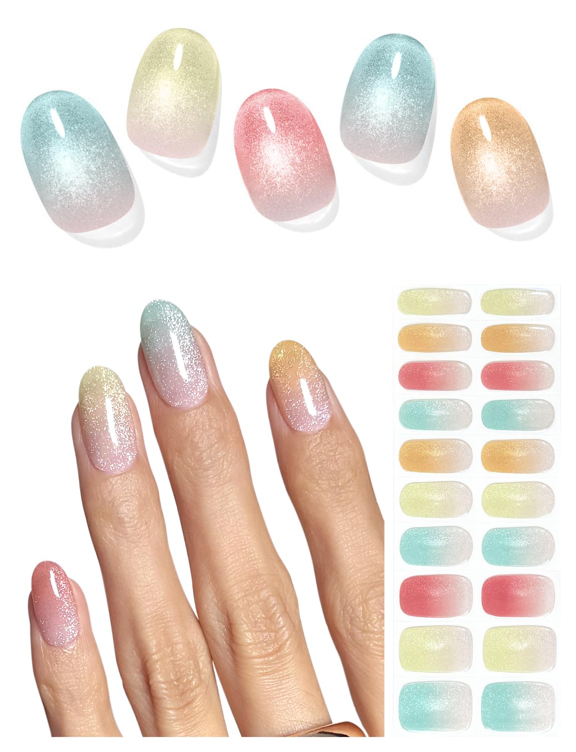 AutyaMee Semi Cured Gel Nail Strips (Dopamine Cat Eye), 20 Pcs Gel Nail Wraps, Stickers, Salon Quality, Works with Any UV Lamps