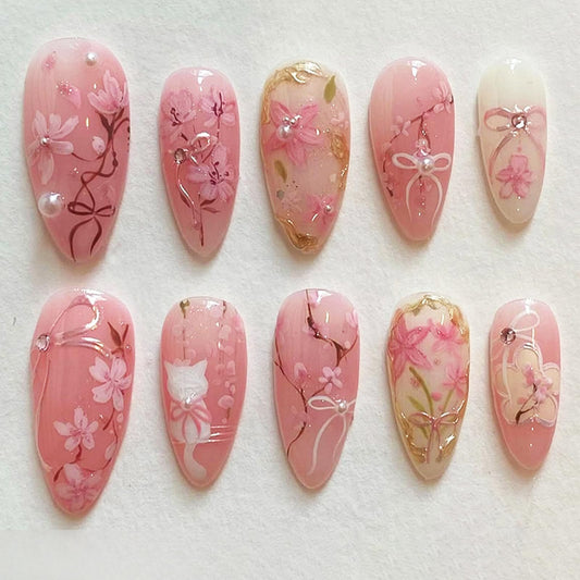 24Pcs Cute Spring Floral Press on Nails Medium Almond Fake Nails Pink Cherry Blossom Bow False Nails with Pearl & Cat Design Reusable Acrylic Glue on Nails for Women Summer Party Manicure Decorations