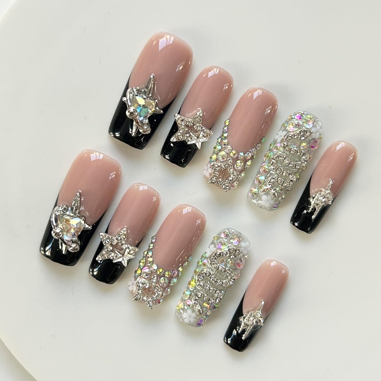 Press On Nails Long Square Handmade Star Rhinestone Black French Tip Nude Pink Full Cover Reusable Acrylic Nails for Women Party Festival Daily 10Pcs (Size M)