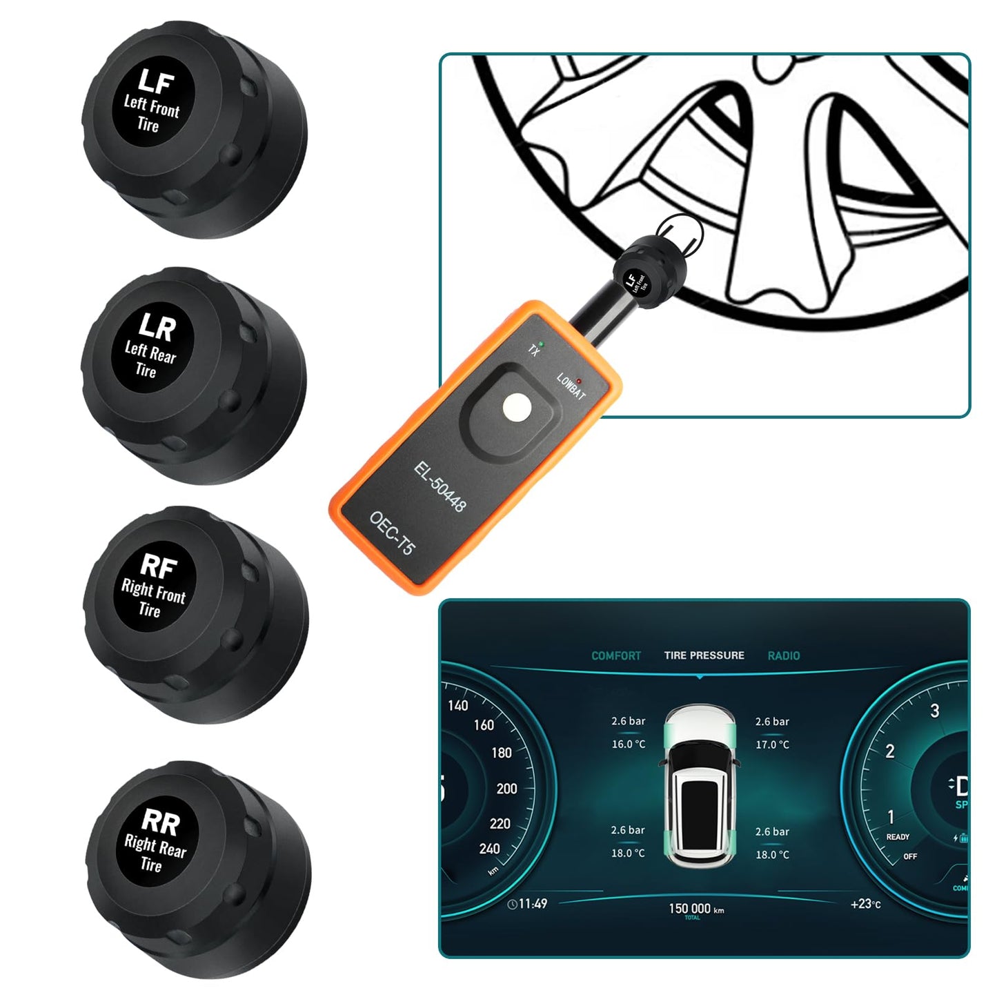 Masoll TPMS Sensor for GM Chevy Silverado Buick Cadillac GMC Pontiac, 315MHz Tire Pressure Sensor Replaces# 13598771,13598772, 4 Tire Sensors with 1 TPMS Relearn Tool, External, Easy to Install