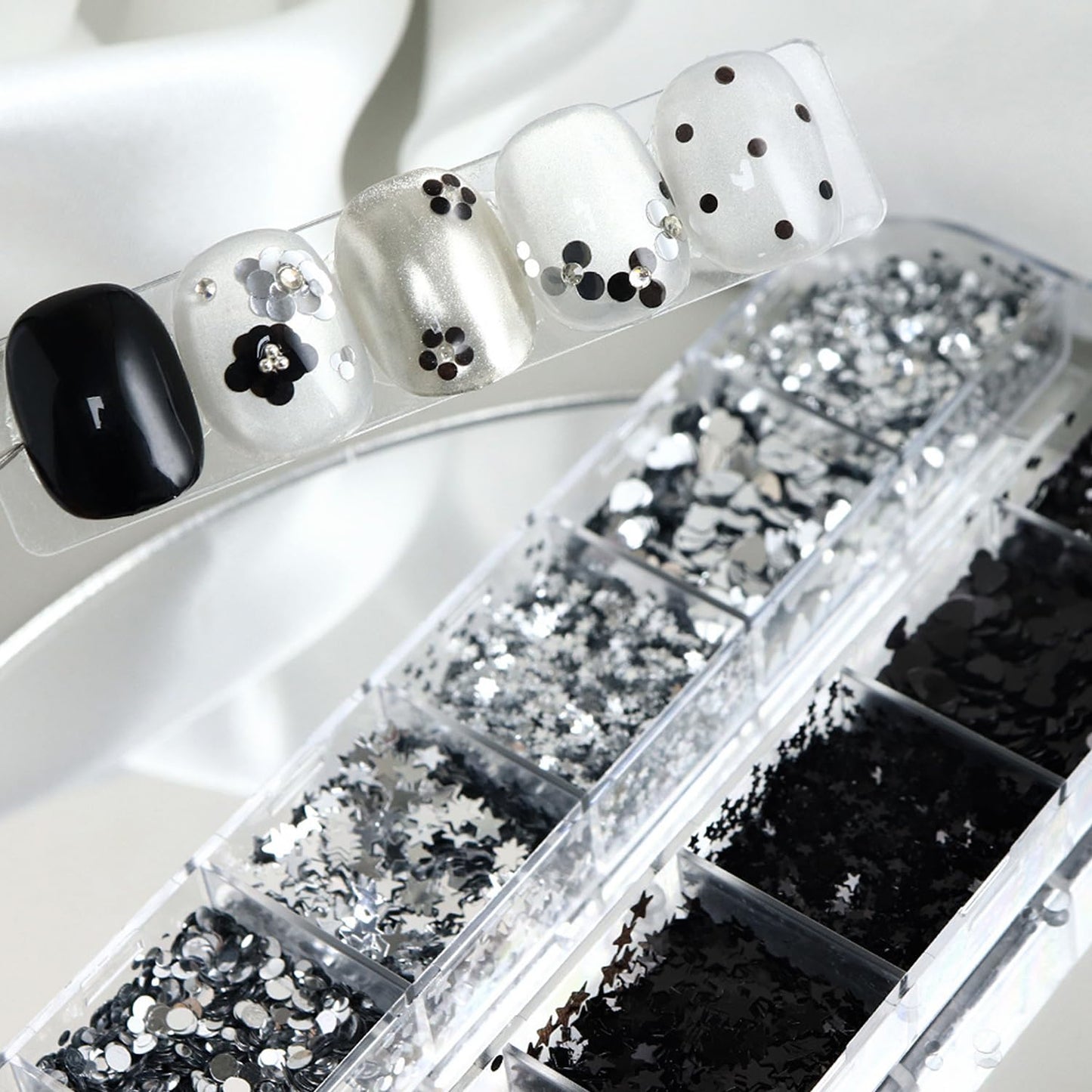 12Grids Silver Black Mini Mixed Nail Art Glitter Kit - Sparkle Heart Star Round Nail Glitters Sequins 3D Holographic Silver Nail Flake Y2K Shiny Nail Supplies Acrylic Nails Tips Accessories for Women