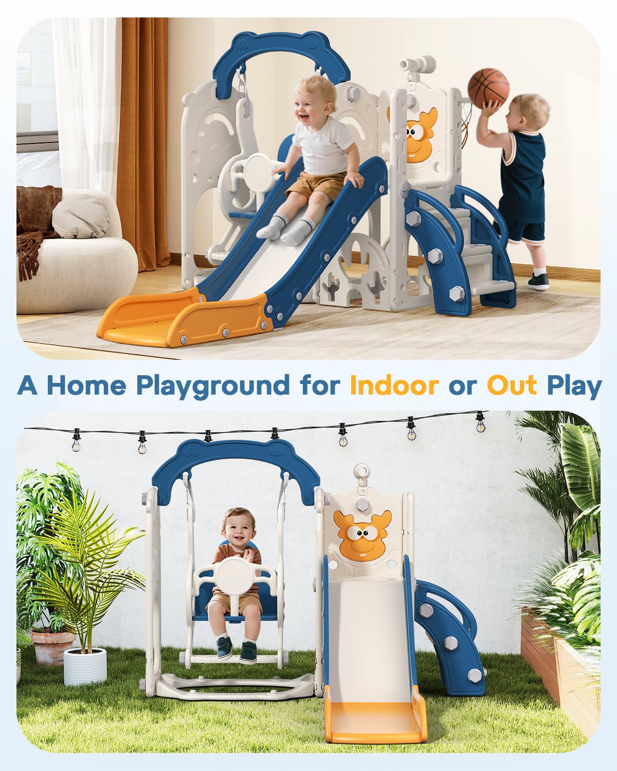 BIERUM Toddler Slide and Swing Set, 7-in-1 Indoor Outdoor Toddler Playset with Climber, Basketball Hoop & Golf Toys, Playground for Kids Ages 1+, Blue&Yellow