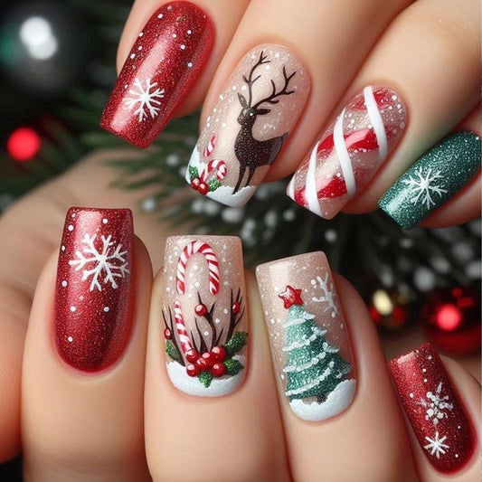 Christmas Press on Nails Medium Square Fake Nails with Red White Spider Designs Full Cover Holly Candy Winter Stick on Nail Xmas EIK Snowflake Glue on Nails Reusable Acrylic False Nail for Women