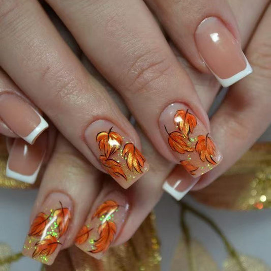 Fall Press on Nail White French Tip Fake Nails with Maple Leave designs Autumn False Nails Full Cover Glitter Acrylic Stick on Nail Simple Thanksgiving Glue on Nails for Women Girls Manicure Decor