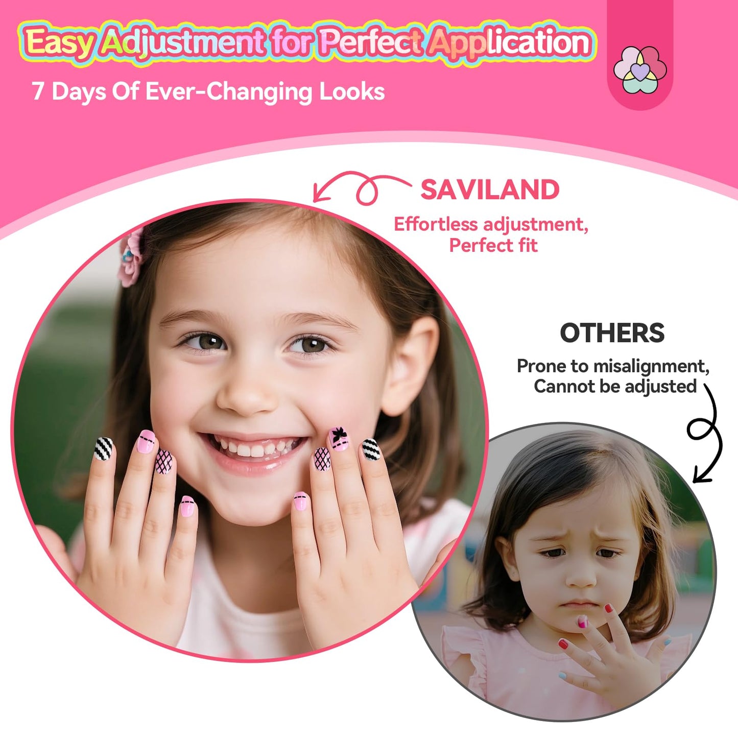 SAVILAND 7 Days Press on Nails for Kids: 168Pcs Children False Artificial Fake Nail Tips Sweet Edgy Pre-glue Full Cover Short Acrylic Nails with Nail Adhesive Tabs Gifts for Girls 8-12 Year (GlamKids)