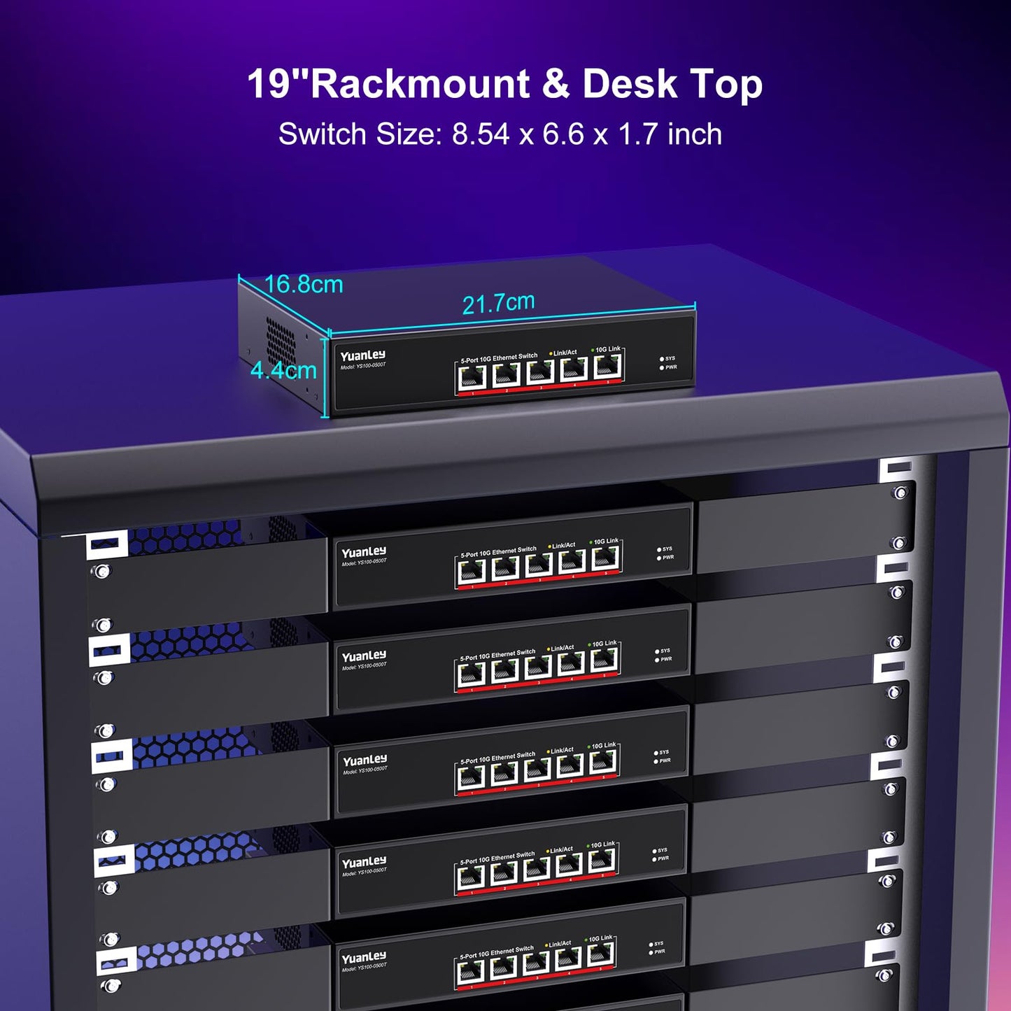 YuanLey 5 Port 10G Ethernet Switch, 5 x 10Gbps RJ45 Ports, Support 10G/5G/2.5G/1G/100Mbps Speed Auto-Negotiation, 100Gbps Switching Capacity, Unmanaged Switch Rackmountable, Plug and Play