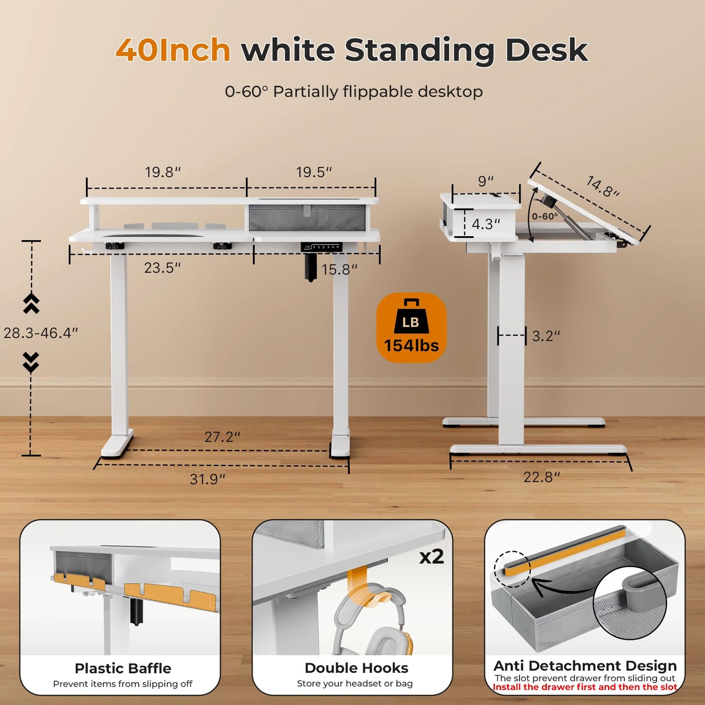 White Standing Desk，60° Tiltable Height Adjustable Electric Rising Desk，40Inch Foldable Mobile Laptop Table with Shelf,Monitor Stand, Drawer ,Flippable Drafting Workstation on Wheels for Kids’ Drawing