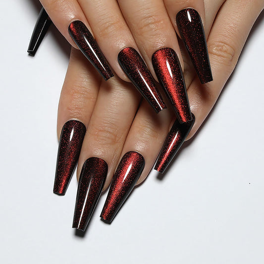 Handmade Press on Nails - Dark Red Fake Nails | Velvet Effect Design Acrylic Nails | Glossy,Glitter,Gradient Color,Reusable Long Nails | 12 Sizes - 24 Nail Kit with Jelly Glue