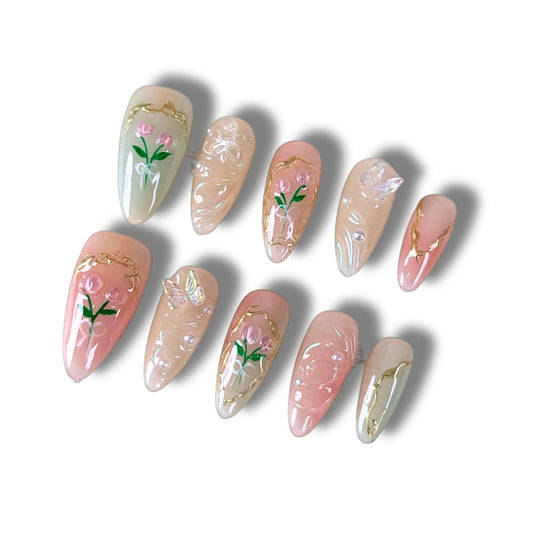 Yabonica 10PCS Press On Nails Short Almond,Handmade Painted Acrylic False Nails Press ons with 3D Butterfly & Floral Charm Salon Design,Luxury Glue On Nails for Woman Girls Gift (38L)