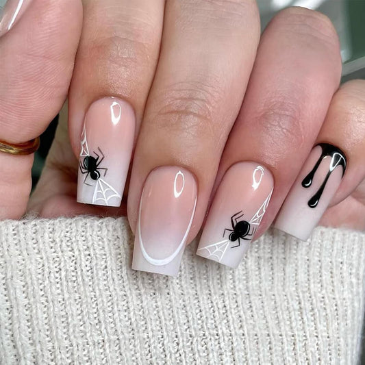 Halloween Square Press on Nails Medium Nude Fake Nails with Spider Web Designs Halloween Glue on Nails Spider Nails Press ons French False Nail for Women DIY Manicure Decorations 24Pcs