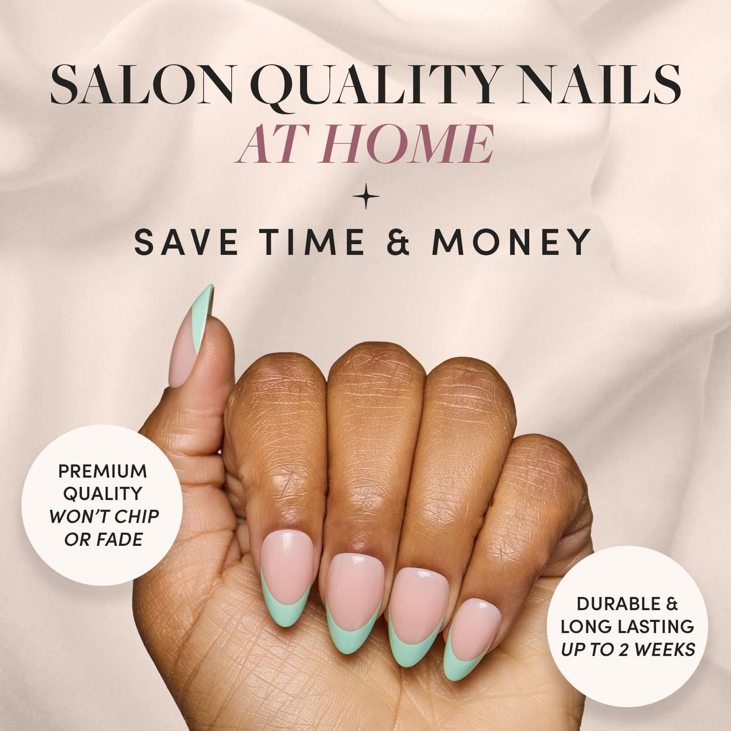 Glamnetic Press-On Nails Bundle - Pistachio Crème, Fairy Dust & Fiery Red | Short Almond Mint Blue French Tips with a Glossy Finish | Short Oval Beige-Pink False Nails with a Metallic Finish | Bright