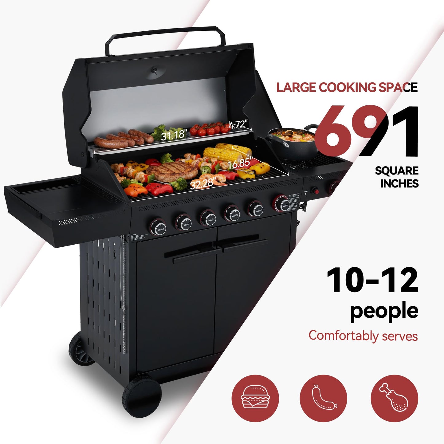 Royal Gourmet GE6001H 6-Burner Gas Grill, 72,000 BTU, 691 Sq. In. Cooking Area, with Sear and Side Burner, Side Shelf with hooks, spice basket, Movable Cabinet Style Grill for Outdoor Grilling, Black