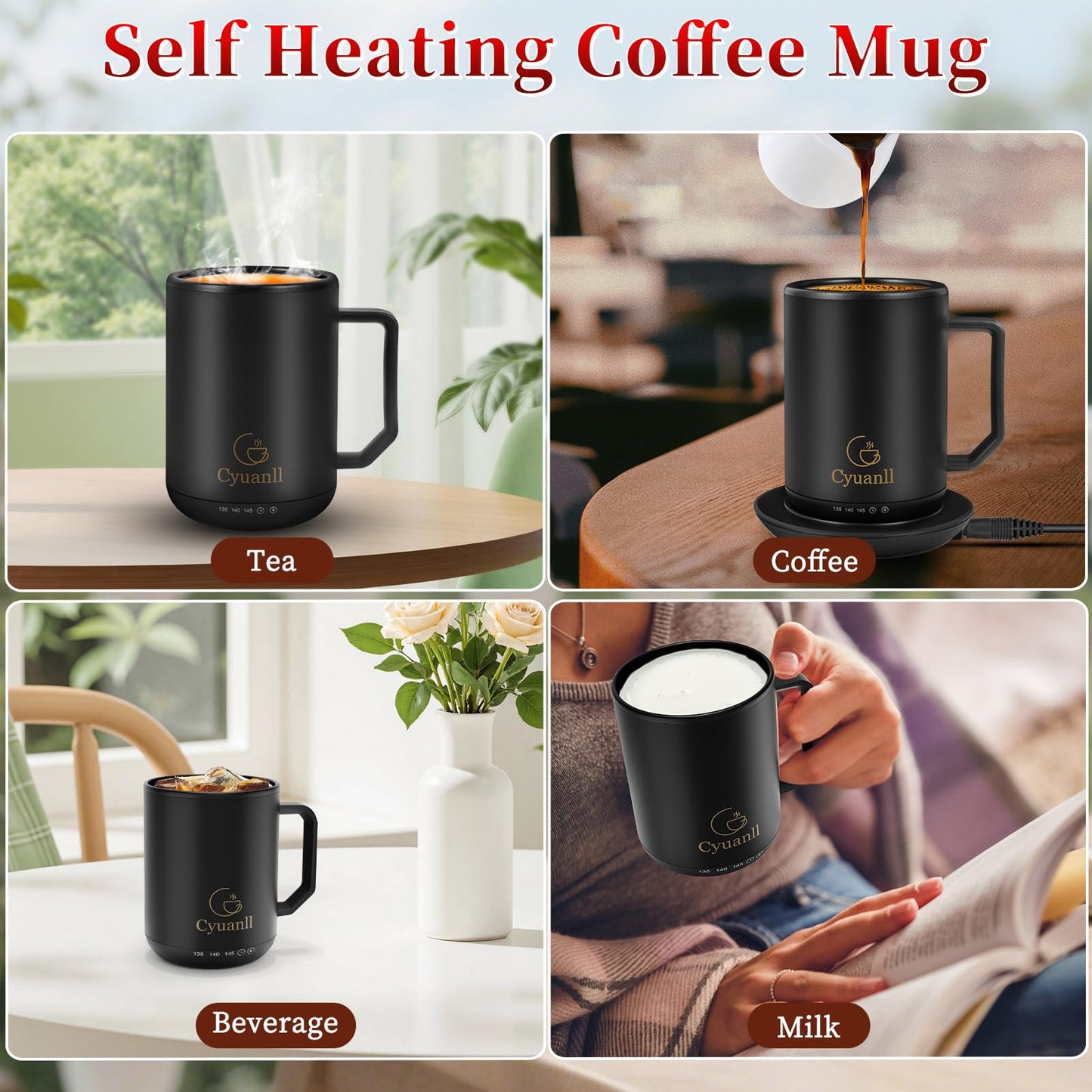 Upgraded Heated Coffee Mug with Auto Shut-Off Function,Self-Heating Temperature Control Mug with Lid and Spoon,Smart Mugs Warmer for Coffee,3 Temperature Settings,Gifts for Men and Women(Black-12 oz)