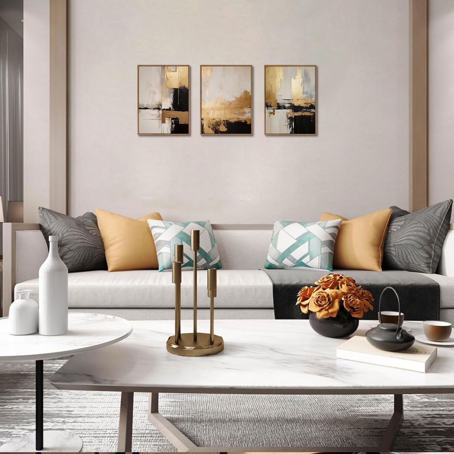 KISSFOX 3 Piece Framed Wall Art Abstract Wall Decor Black Gold Pictures Modern Minimalist Canvas Art Large Luxury Paintings Artwork For Living Room Bedroom Office