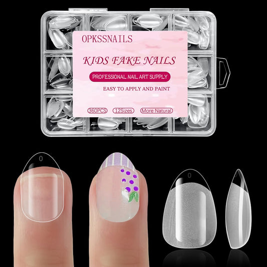 OPkssnails Medium Almond Kid Nail Tips,360Pcs Soft Gel Nail Tips Pre-Shaped Press On Nails For Kids, Clear Acrylic Half Matte Full Cover Fake Nail For Kids DIY Extension & Salon Use12 Sizes
