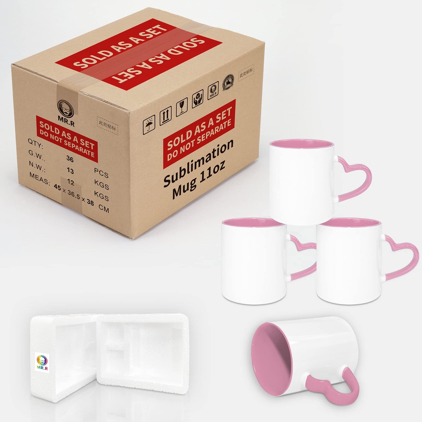 MR.R 11oz Ceramic Coffee Mug, 36PCS Set, Sublimation Blank, Pink, Modern Heart Design, Dishwasher Safe, Reusable