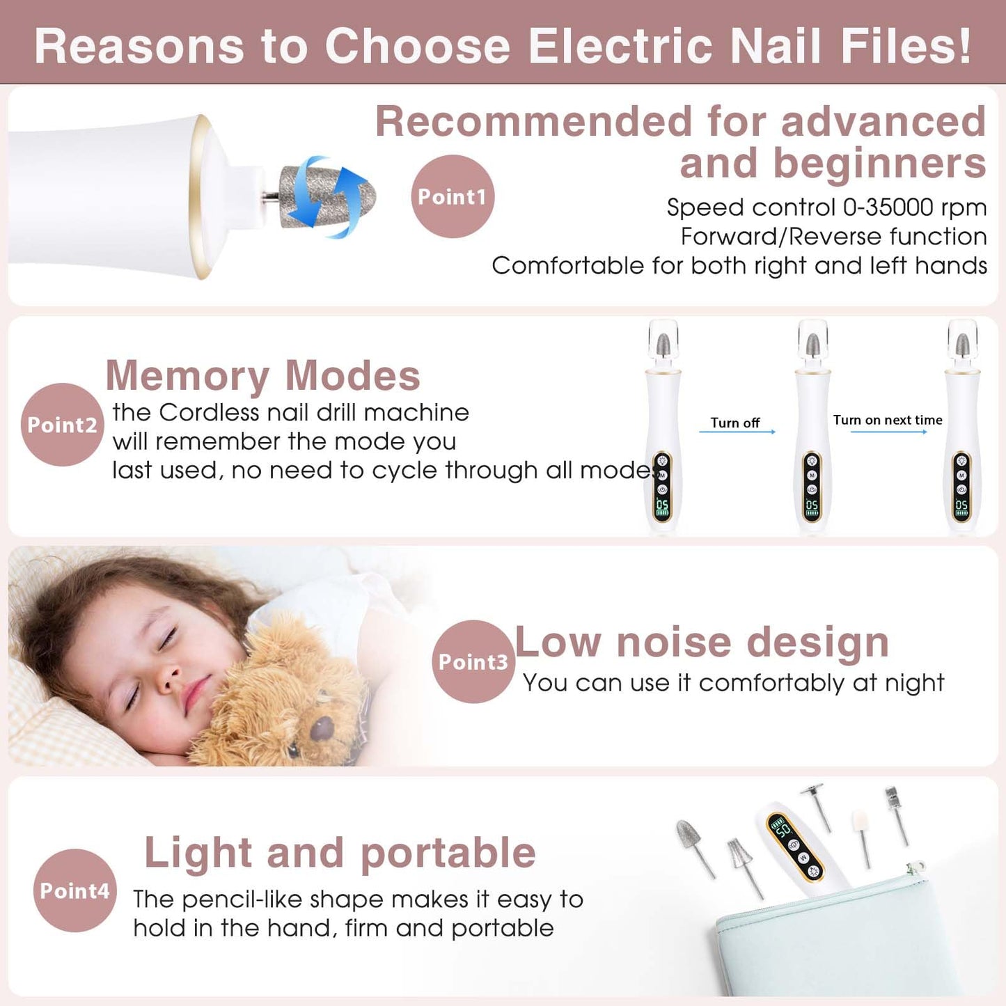Hoxida Cordless Electric Nail Drill: 10-Speed Professional Nail File with 360° LED Light for Manicure Shaping & Gel Removal, Nail Art Practice Essentials,Home DIY & Portable Travel Use