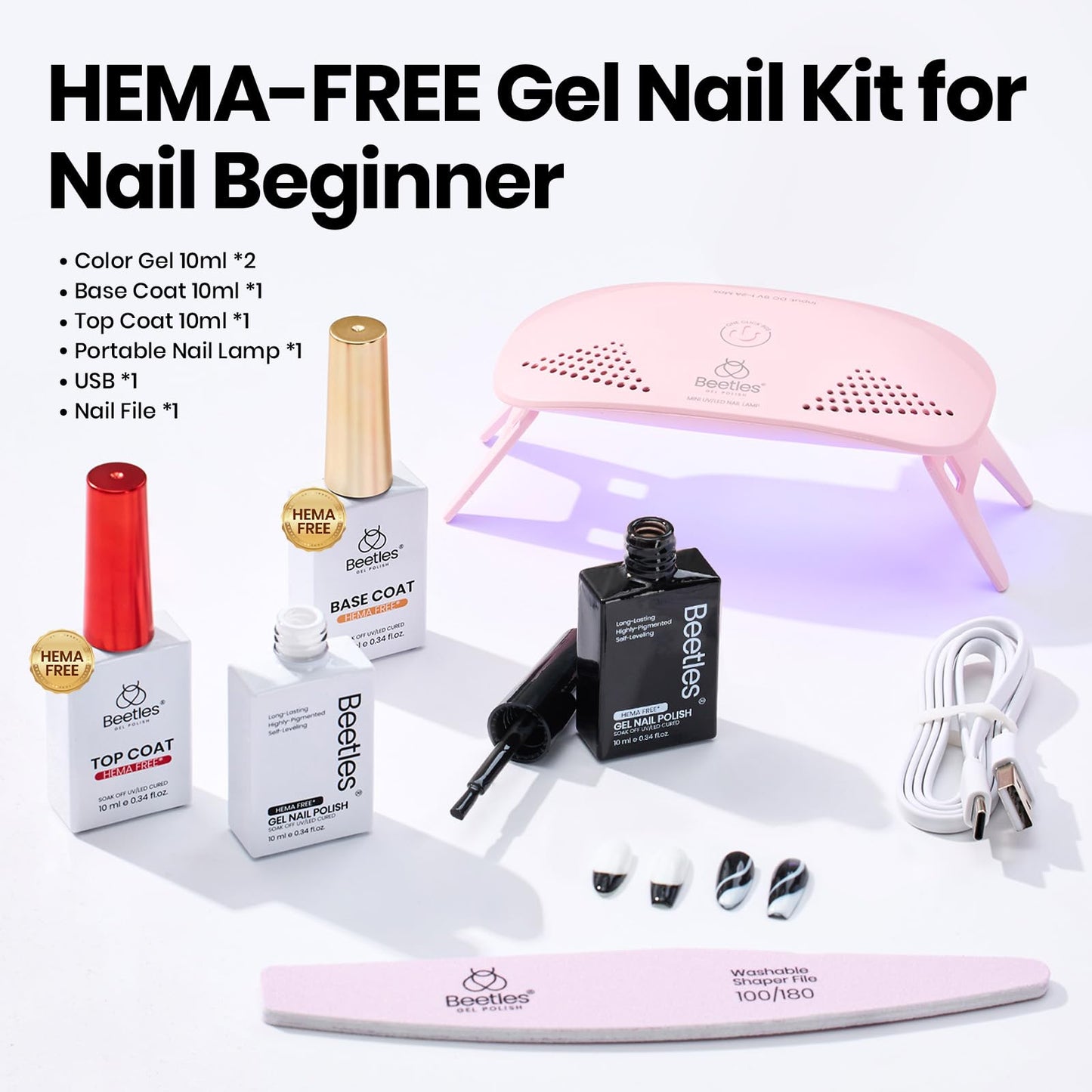 Beetles 2 Colors 10ML HEMA-Free White Black Gel Nail Polish Kit with U V Light, 6 Pcs Gel Polish Set Classic DIY Manicure Kit with Base &Top Coat Nail File Soak Off Home Salon Women Gifts