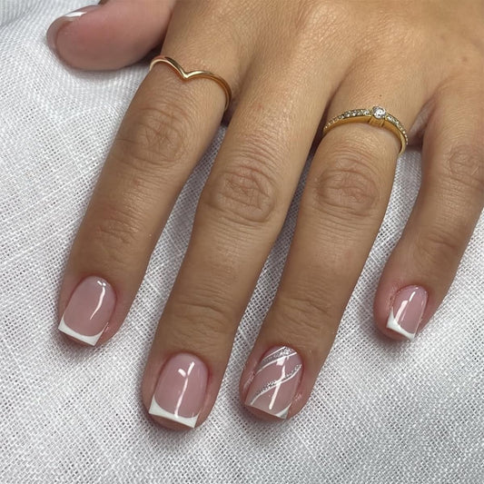 Stbisen French Press On Nails Short Square, Nude Fake Nails with White French Tips, Delicately Adorned with Silver Streaks, Glossy Gel Finish, Thick Natural Reusable Glue On Nails for Women, 24Pcs