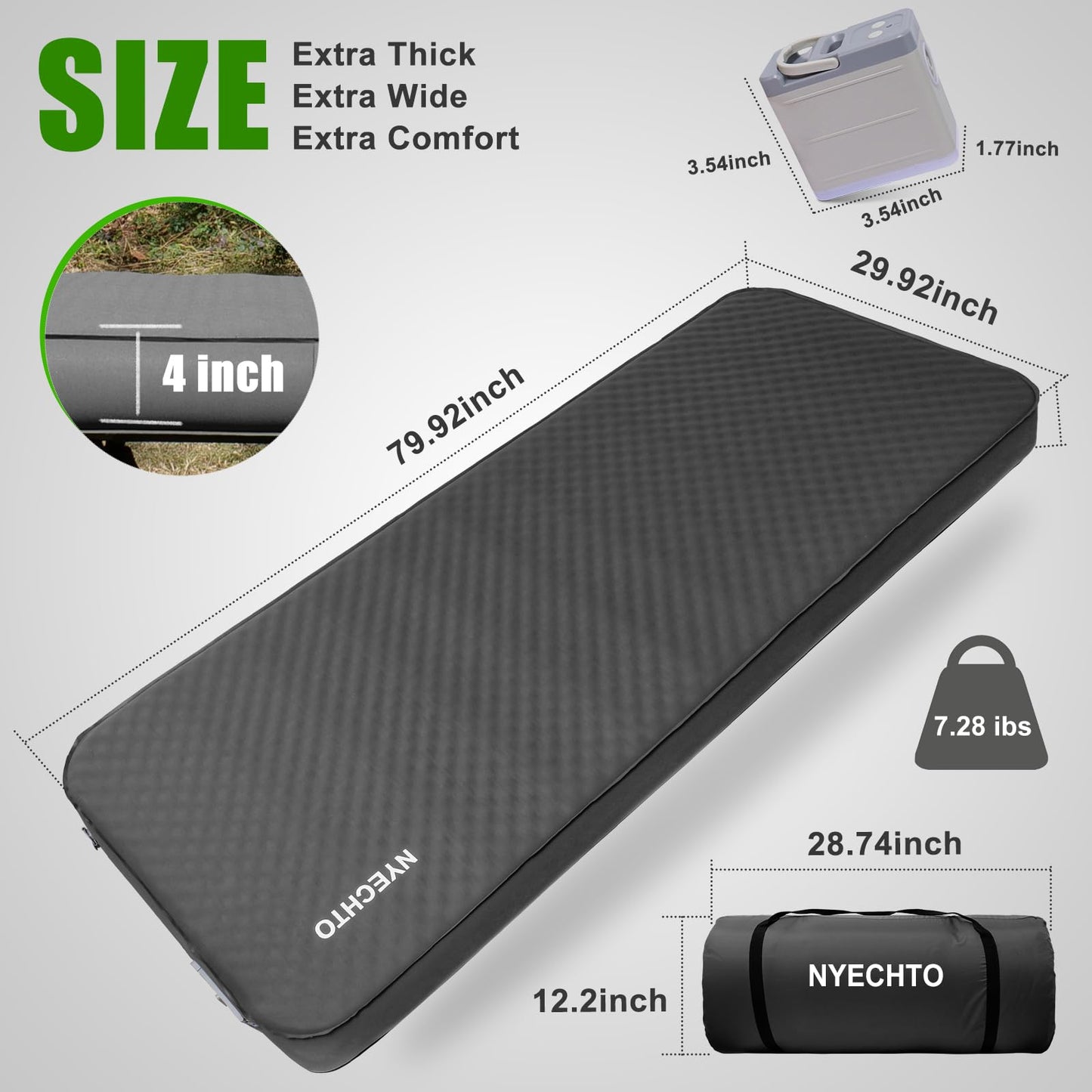NYECHTO Self Inflating Sleeping Pad for Camping, 4" Extra-Thick Memory Foam Camping Mattress with Electric Pump, Fast Inflate & Deflate, 9.5 R-Value Insulated Camping Pad for Car Travel Tent Cot, Grey