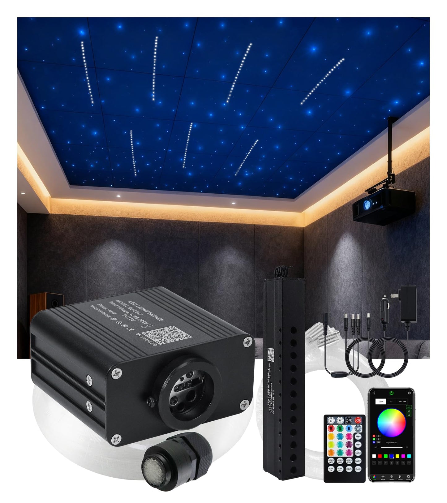Starlight Headliner Kit 600 Piece Twinkle 0.03in(6.5ft/2m) with White Meteor Fiber Optic Light Kits Car Roof Lights RGBW Music Activated/APP Control Star Lights for Car Theater Game Bed Room Ceiling
