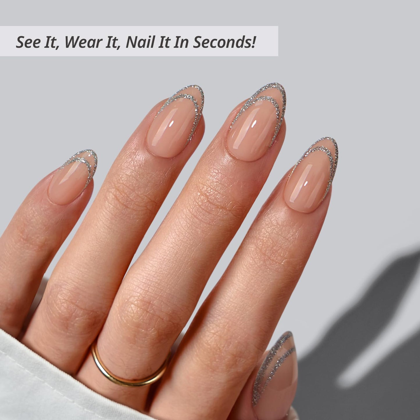 BTArtbox French Tip Press On Nails - Sliver Bells, Lamp-Curable Short Almond Press On Nails with Glue and Adhesive Tabs for Women in 16 Sizes - 32 Soft Gel Glue On Nails Kit