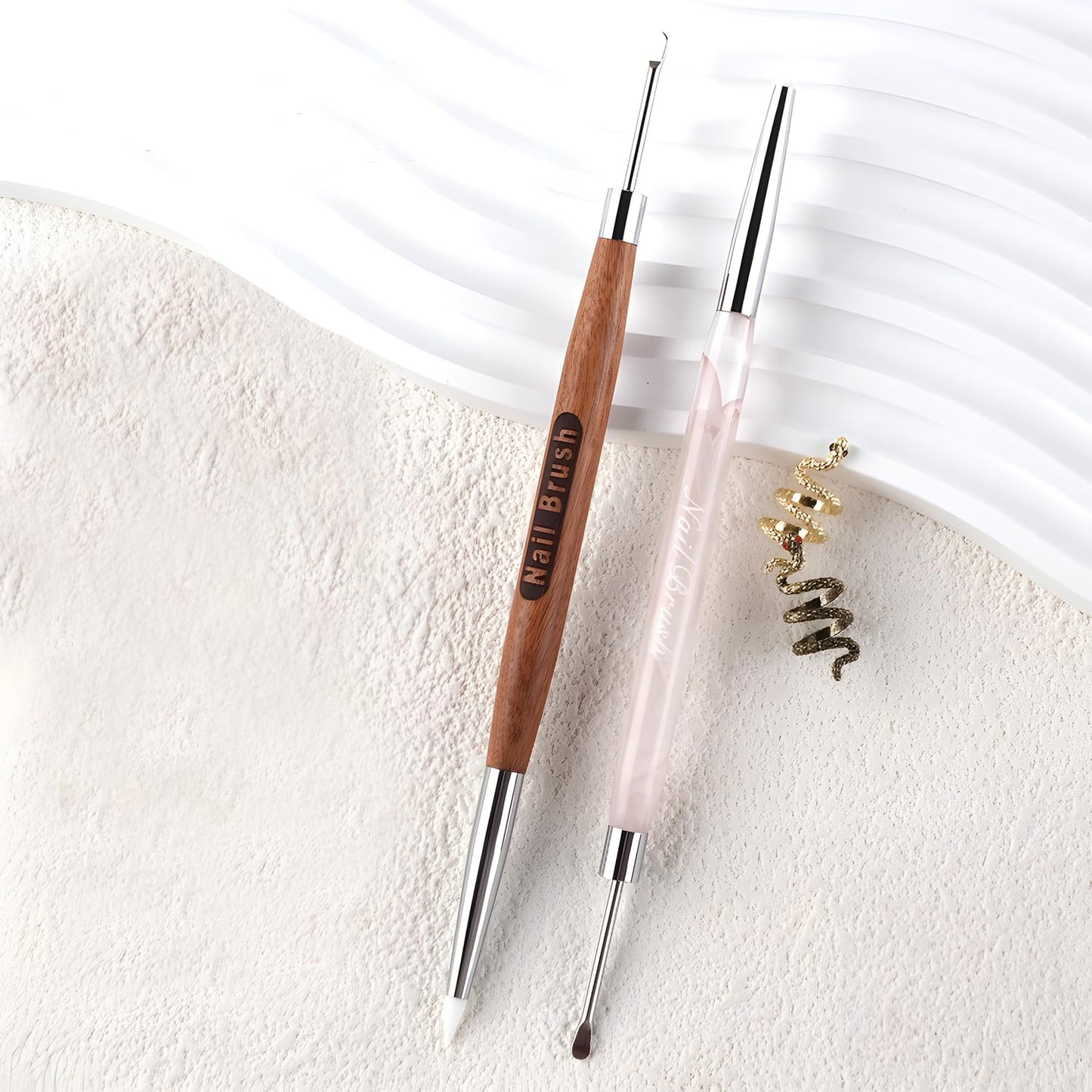 Double Nail Art Sculpture Pen: Silicone & Metal Dual Tipped Nail Brushes Silicone Nail Art Tools for Design Nail Foil Carving Drawing Shaping Effect Nail Art Pens for Home and DIY (Pink+Sandalwood)