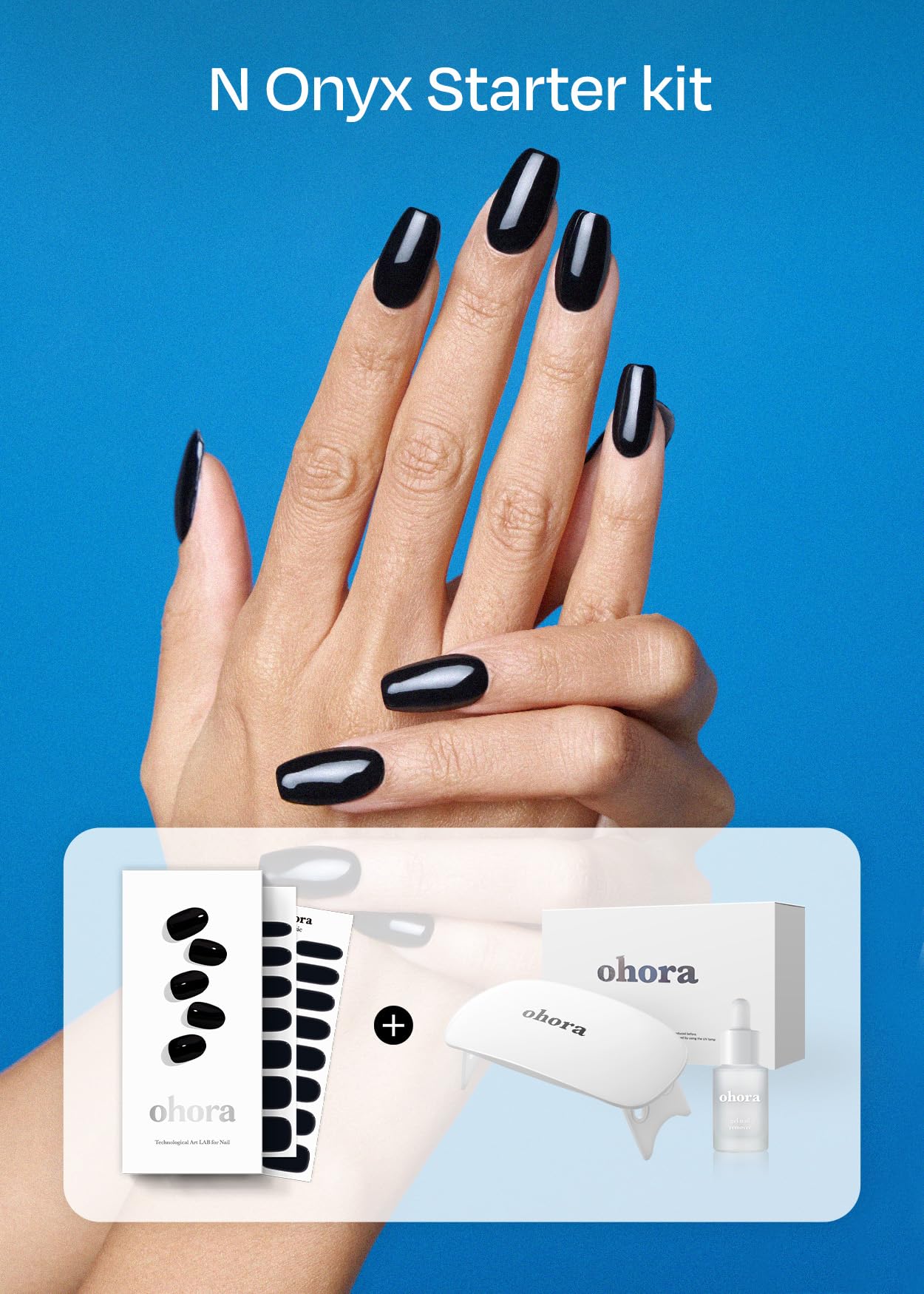 ohora Semi-Cured Gel Nail Strips Value Set (N Onyx Starter Kit) Includes Full Size Lamp and Mini Remover, Salon-Quality, Long Lasting, Easy to Apply & Remove