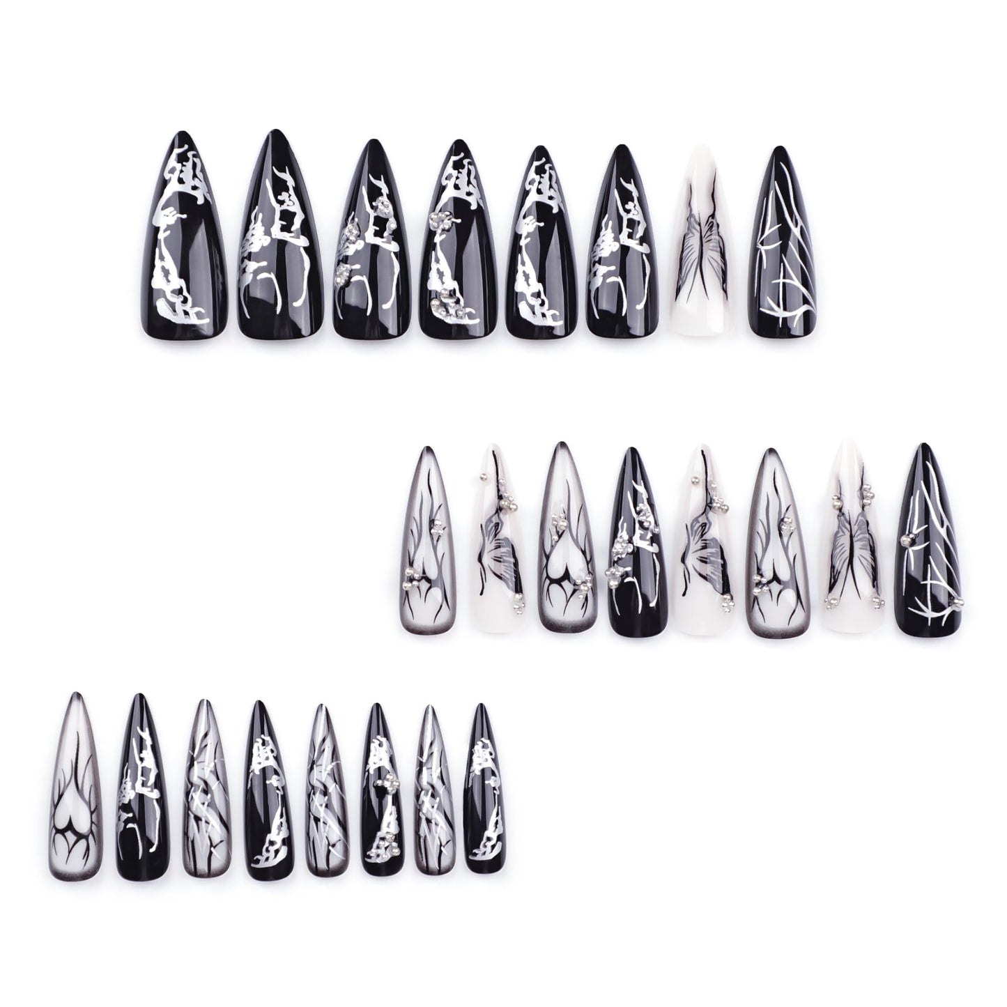 LTXHZYYL Black Press on Nails, 24 Pcs Long Black Almond Nails with Gothic Butterfly & Heart Design【Upgraded 】Reusable Full Cover False Nails Kit with Nail Glue (Dark Fantasy)