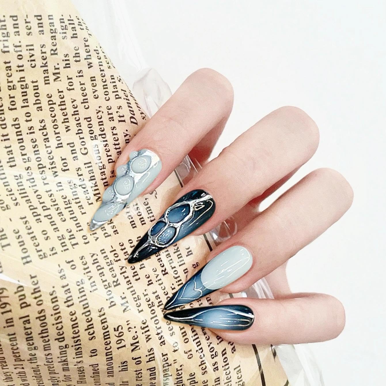 Handmade 3D Blue-Gray Metallic Stream Stiletto Press On Nails, Future Dark Tech Style Artisan Nails Set, Reusable Glossy Press-ons with Tool Kit(M)