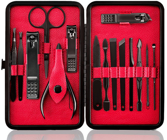 Keiby Citom Professional Stainless Steel Nail Clipper Travel & Grooming Kit Nail Tools Manicure & Pedicure Set of 15pcs with Luxurious Case (Black/Red)