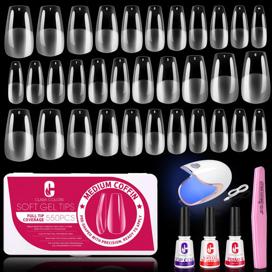 Clara Colors Nail Tips and Glue Gel Kit - 550Pcs Soft Tips Half Matte Medium Coffin Shape